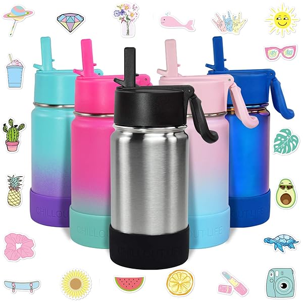 CHILLOUT LIFE Chillout Life 12 oz Kids Insulated Water Bottle with Straw Lid Leakproof Personalized Stainless Steel Thermos Dishwasher Safe Colorful Stickers