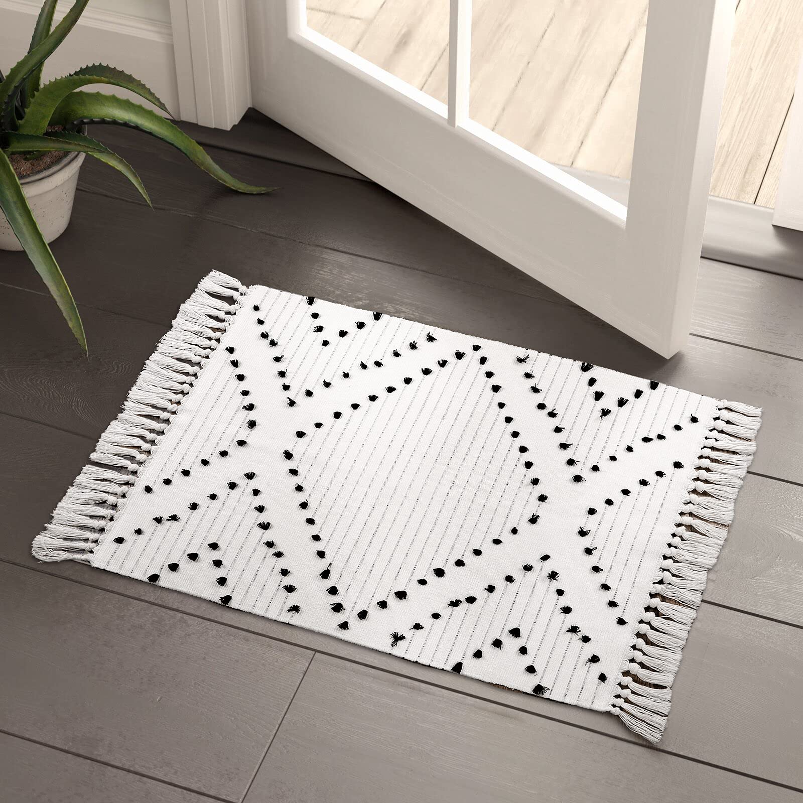 HAOCOO Boho Bathroom Rug 2x3 Cotton Woven Washable Area Rug with Tassels Black and White Moroccan Tribal Throw Carpet for Home Decor - View 2 of 7