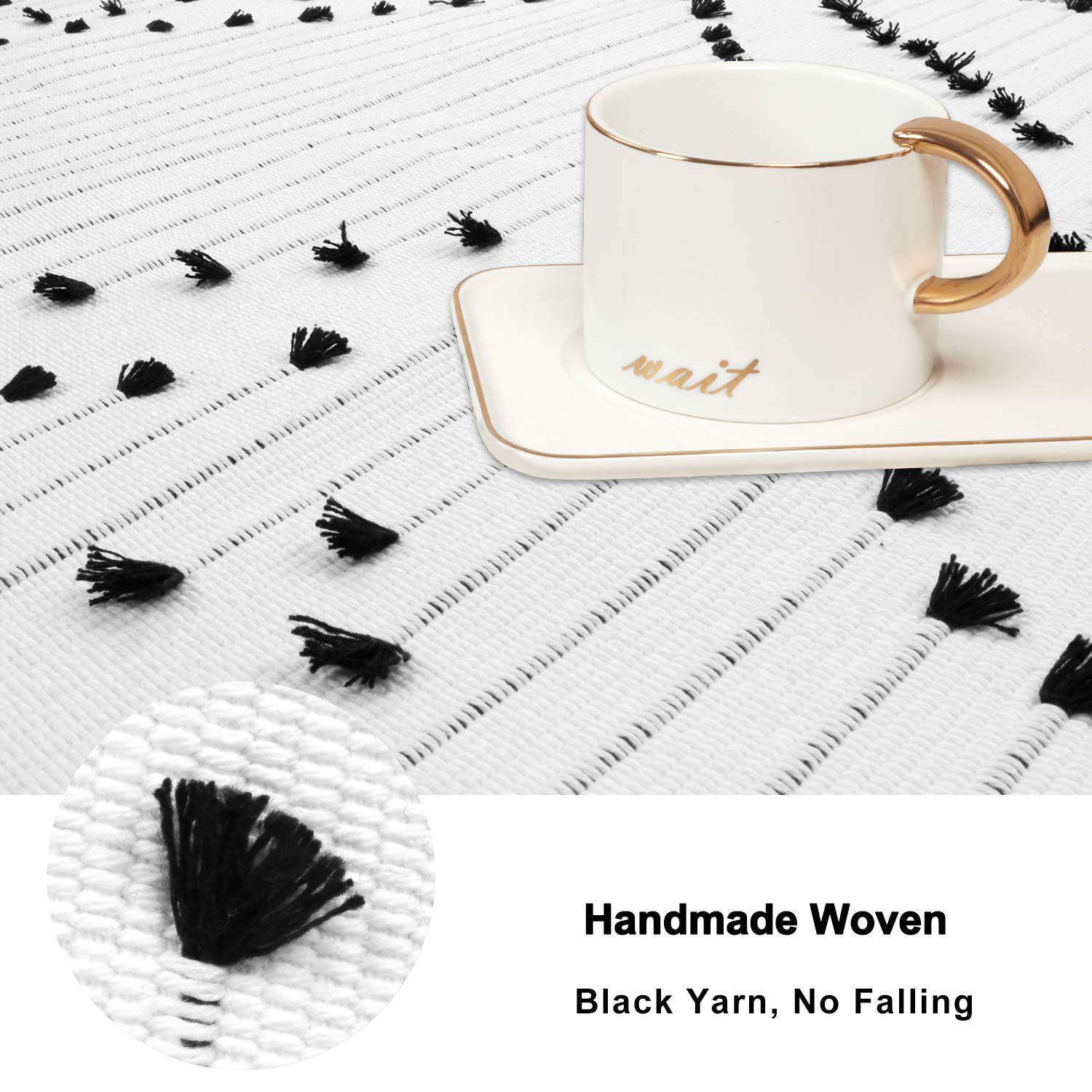 HAOCOO Boho Bathroom Rug 2x3 Cotton Woven Washable Area Rug with Tassels Black and White Moroccan Tribal Throw Carpet for Home Decor - View 3 of 7