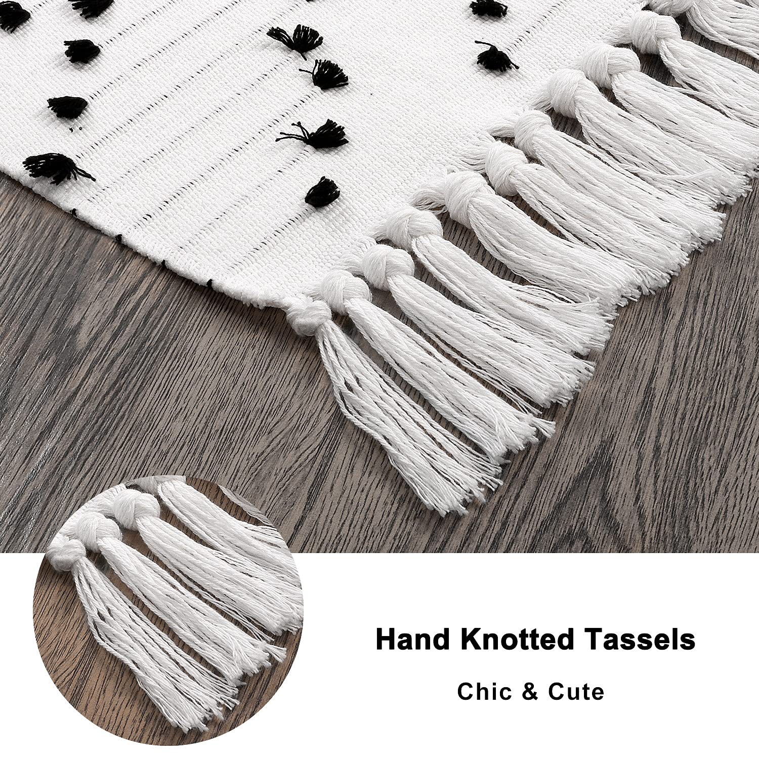 HAOCOO Boho Bathroom Rug 2x3 Cotton Woven Washable Area Rug with Tassels Black and White Moroccan Tribal Throw Carpet for Home Decor - View 4 of 7