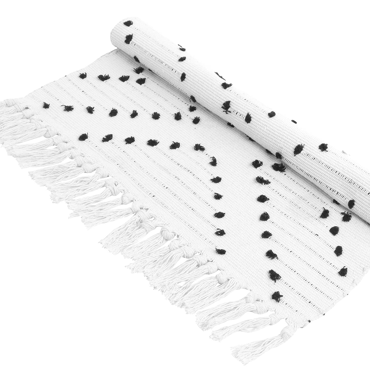 HAOCOO Boho Bathroom Rug 2x3 Cotton Woven Washable Area Rug with Tassels Black and White Moroccan Tribal Throw Carpet for Home Decor - View 5 of 7