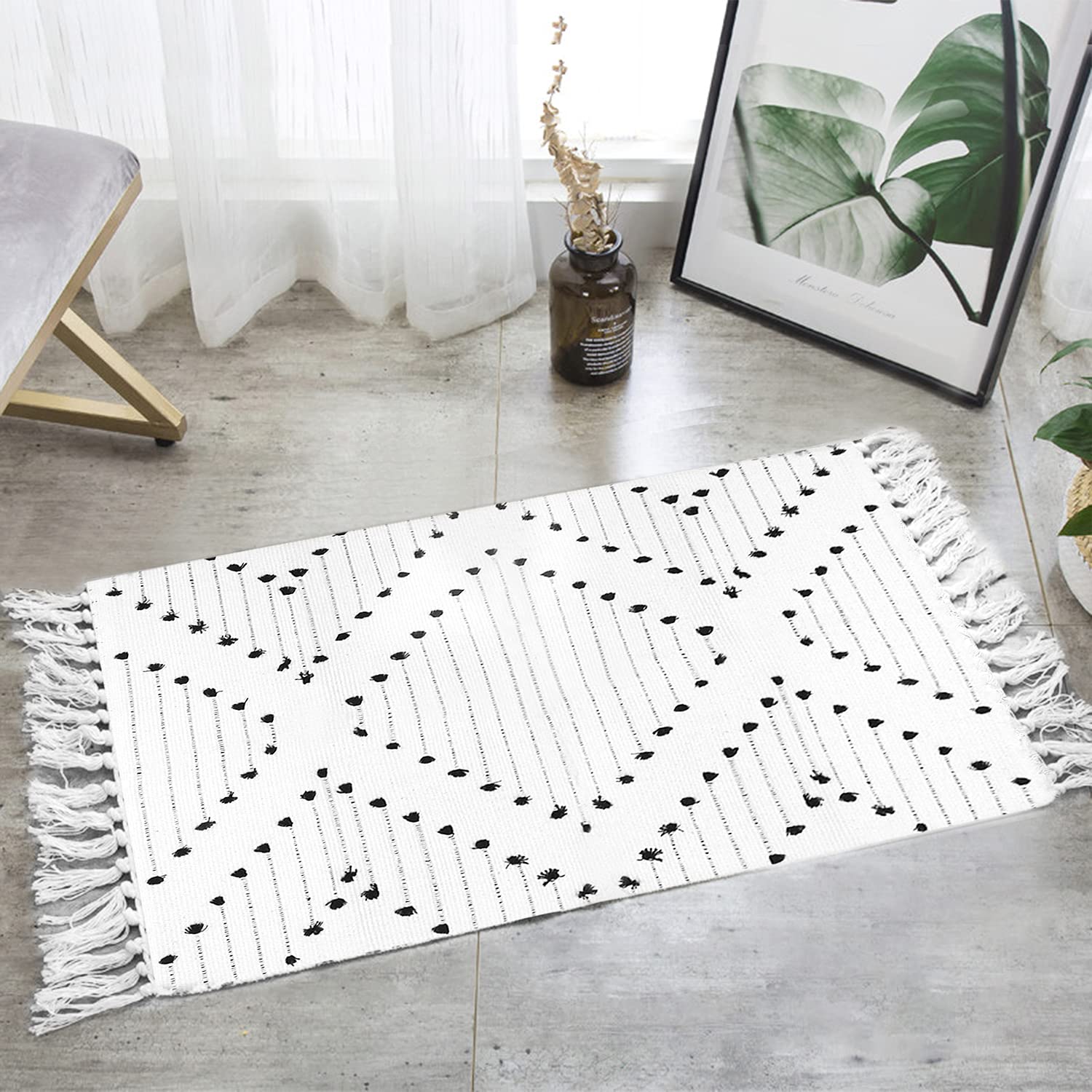 HAOCOO Boho Bathroom Rug 2x3 Cotton Woven Washable Area Rug with Tassels Black and White Moroccan Tribal Throw Carpet for Home Decor - View 6 of 7
