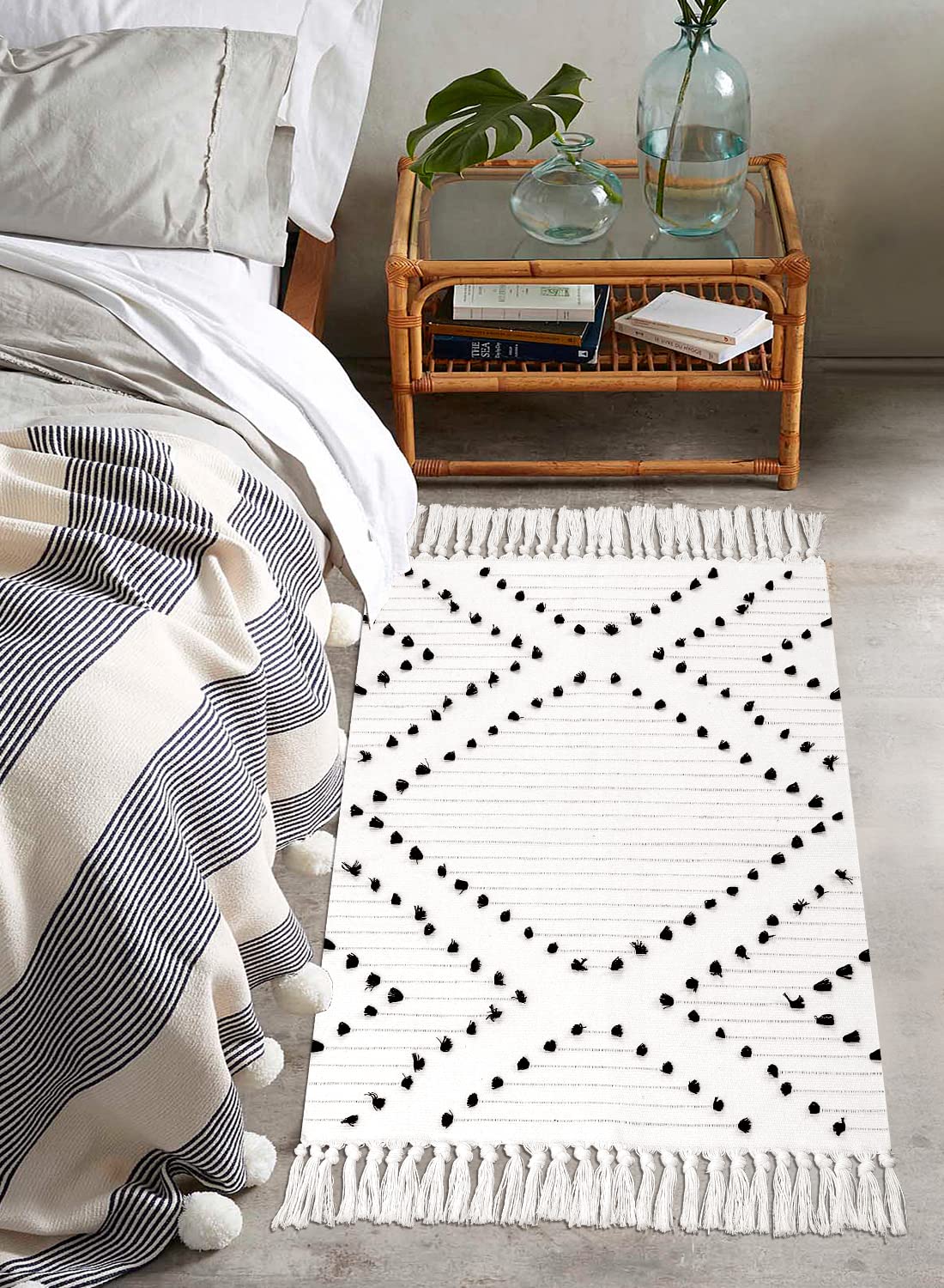 HAOCOO Boho Bathroom Rug 2x3 Cotton Woven Washable Area Rug with Tassels Black and White Moroccan Tribal Throw Carpet for Home Decor - View 7 of 7