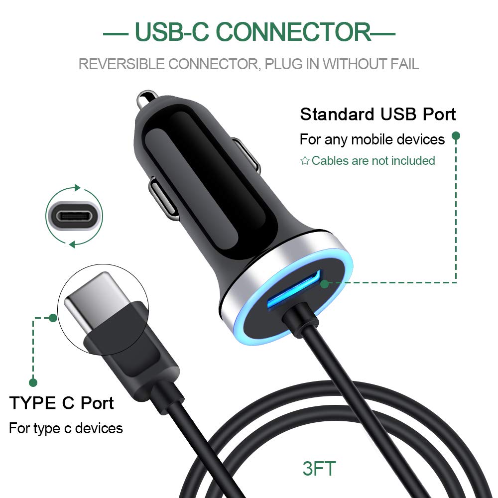 Sidpro USB C Car Charger 34A Fast Charging for Samsung Galaxy S25 Ultra S24 FE S23 S22 S21 S20 S10E Note 20 with 3ft Type C Cable - View 2 of 7