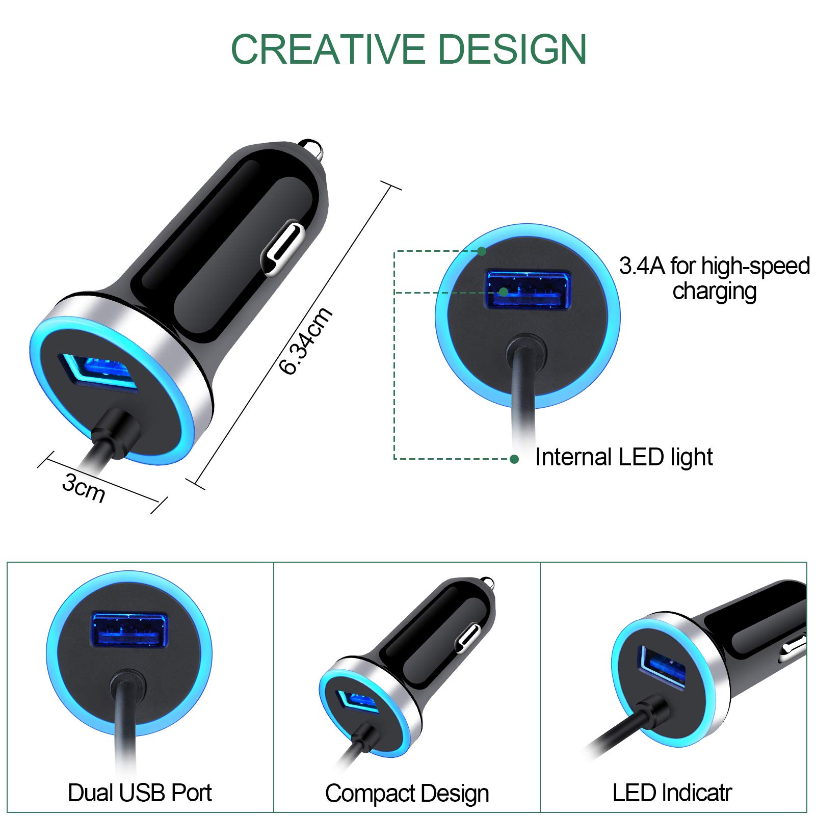 Sidpro USB C Car Charger 34A Fast Charging for Samsung Galaxy S25 Ultra S24 FE S23 S22 S21 S20 S10E Note 20 with 3ft Type C Cable - View 3 of 7