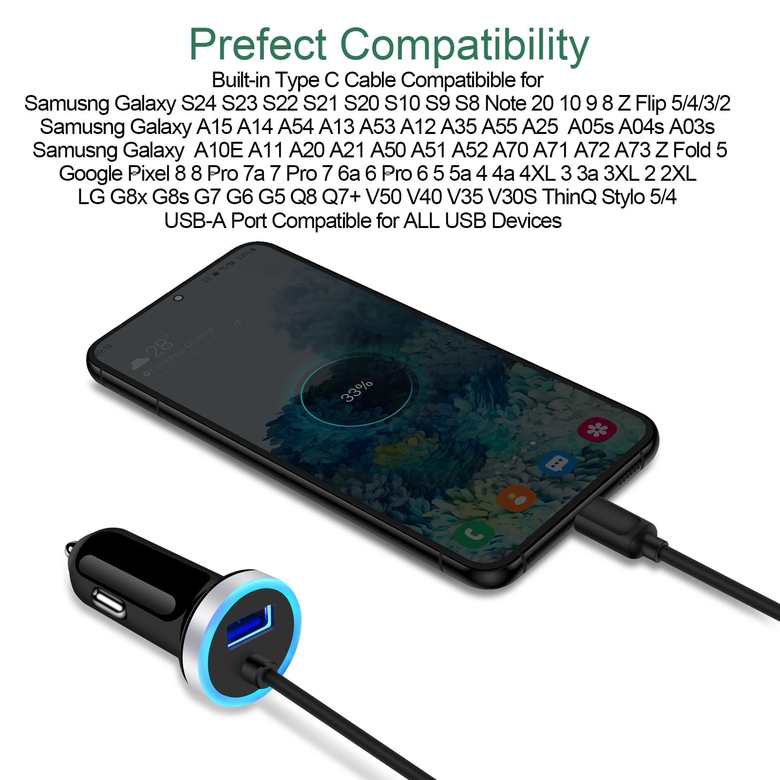 Sidpro USB C Car Charger 34A Fast Charging for Samsung Galaxy S25 Ultra S24 FE S23 S22 S21 S20 S10E Note 20 with 3ft Type C Cable - View 6 of 7