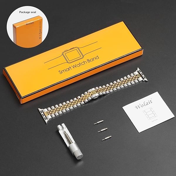 Wolait Wolait Stainless Steel Apple Watch Band 42mm 41mm 40mm 38mm Heavy Link Bracelet for Women Compatible with Series 10 9 8 7 6 Silver Gold - View 7 of 8