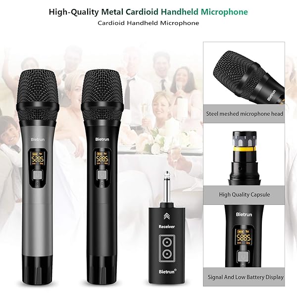 Bietrun Wireless Microphone Bluetooth UHF Dual Handheld Mic System Rechargeable Receiver 160 ft Range for Karaoke Singing Amp PA Speaker - View 5 of 9