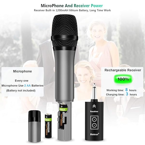 Bietrun Wireless Microphone Bluetooth UHF Dual Handheld Mic System Rechargeable Receiver 160 ft Range for Karaoke Singing Amp PA Speaker - View 6 of 9