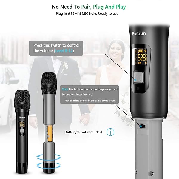 Bietrun Wireless Microphone Bluetooth UHF Dual Handheld Mic System Rechargeable Receiver 160 ft Range for Karaoke Singing Amp PA Speaker - View 7 of 9
