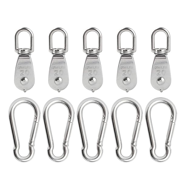BNYZWOT 5Pcs 304 Stainless Steel M20 Single Pulley Block and Spring Snap Hook Set for Wire Rope Hanging and Towing
