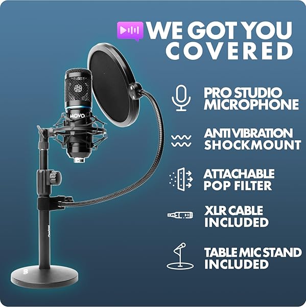 Movo Movo PodPak4T 4-Pack Universal XLR Podcast Microphone Bundle- Includes 4 Cardioid Condenser Mics, Desktop Mic Stands, Pop Filters, Shock Mounts, and Cables for Podcast Equipment - View 4 of 7