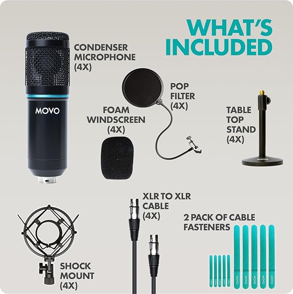 Movo Movo PodPak4T 4-Pack Universal XLR Podcast Microphone Bundle- Includes 4 Cardioid Condenser Mics, Desktop Mic Stands, Pop Filters, Shock Mounts, and Cables for Podcast Equipment - View 6 of 7