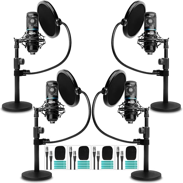Movo Movo PodPak4T 4-Pack Universal XLR Podcast Microphone Bundle- Includes 4 Cardioid Condenser Mics, Desktop Mic Stands, Pop Filters, Shock Mounts, and Cables for Podcast Equipment