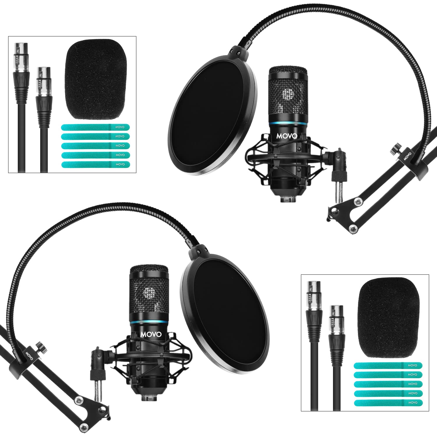 Movo Movo PodPak2A 2-Pack Universal Cardioid Microphone Kit with Scissor Arm Stand and Pop Filter for YouTube Podcast and Streaming
