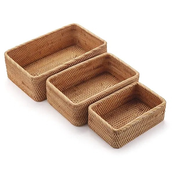 DECRAFTS Natural Rattan Fruit Storage Baskets Set of 3 Rectangular Woven Wicker Box for Keys Remotes Stackable Home Organization