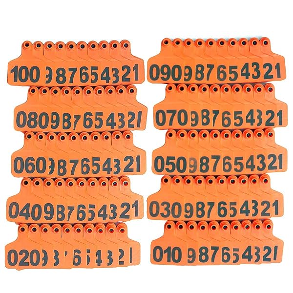 GoldPaddy Cattle Ear Tags for Livestock Animal Identification Number 001-100 Orange for Cows Goats and Pigs