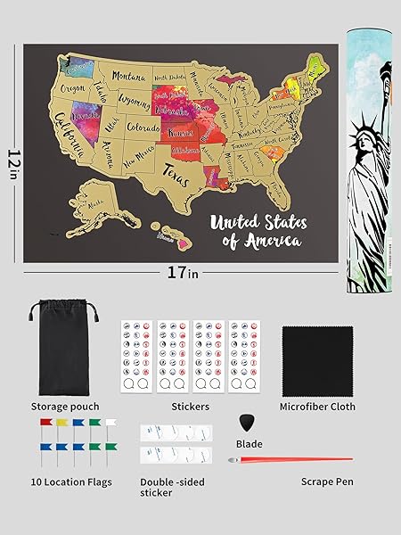 JARLINK JARLINK Scratch Off USA Map Poster 12x17 Personalized Travel Map with Accessories Perfect Gift for Travelers - View 8 of 8