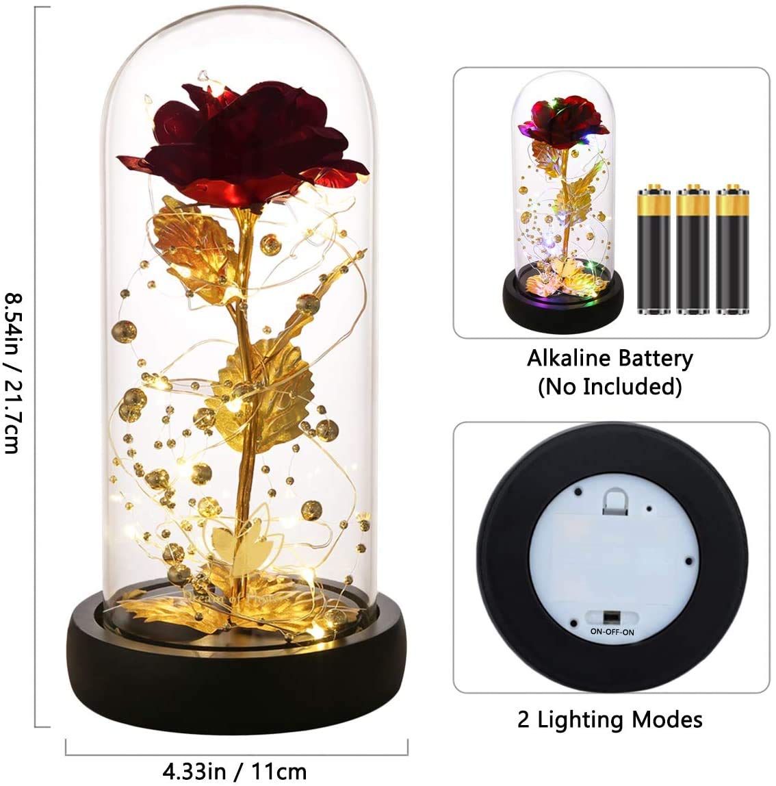 Eternal Rose in Glass Dome with LED Lights Perfect Mothers Day and Birthday Gift for Women Beauty and The Beast Forever Valentine - View 6 of 9