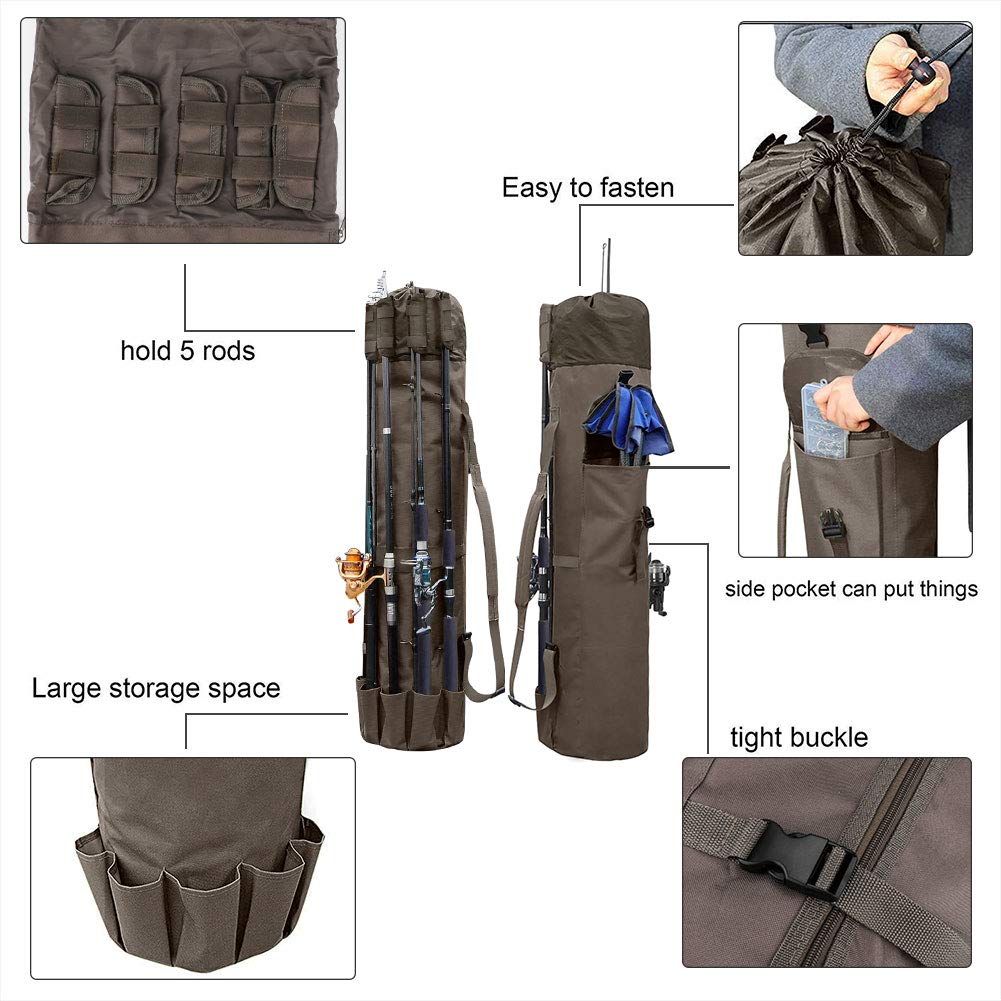 Allnice Allnice Sturdy Canvas Fishing Rod and Reel Organizer Bag Travel Case Holds 5 Poles and Tackle Khaki - View 2 of 7