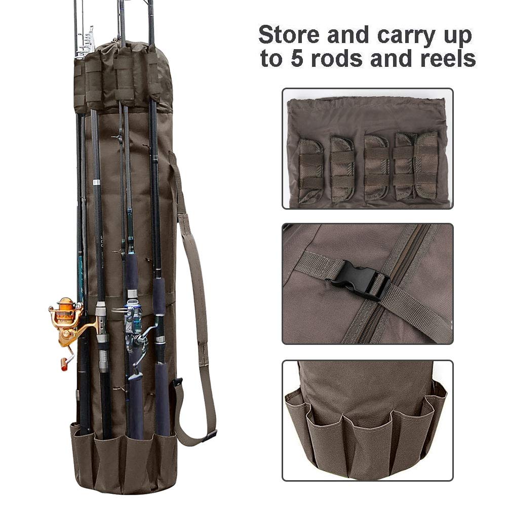 Allnice Allnice Sturdy Canvas Fishing Rod and Reel Organizer Bag Travel Case Holds 5 Poles and Tackle Khaki - View 3 of 7