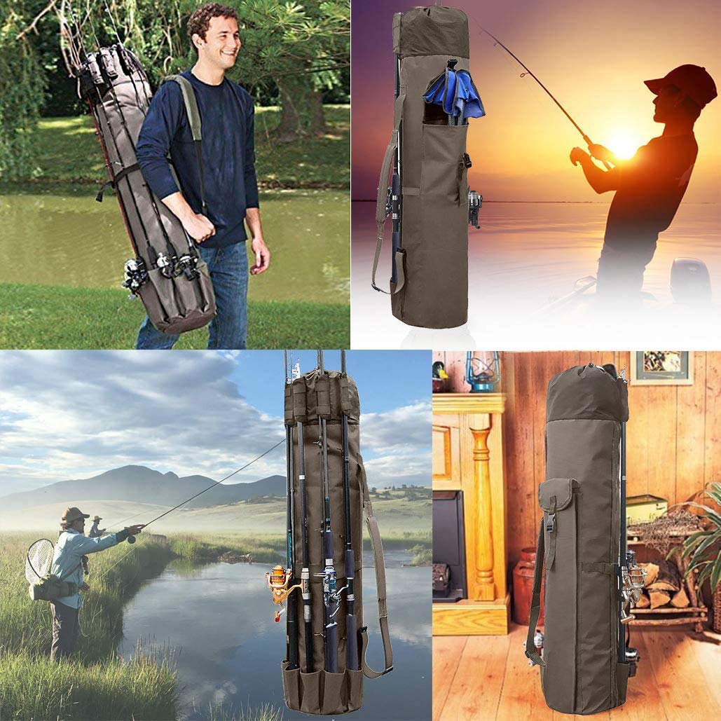 Allnice Allnice Sturdy Canvas Fishing Rod and Reel Organizer Bag Travel Case Holds 5 Poles and Tackle Khaki - View 7 of 7
