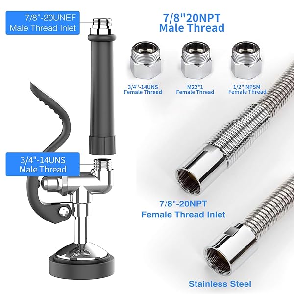 MSTJRY MSTJRY Spray Valve with 45 Inch Pre Rinse Hose for Commercial Kitchen Faucets Polished Chrome Black with 3 Adapters - View 4 of 8