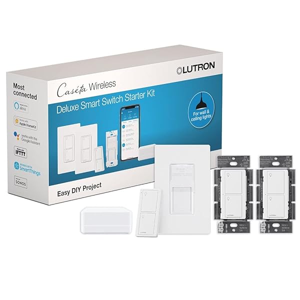 Lutron Lutron Caseta Smart Lighting Kit w/ Hub, 2 Original Switches, Pico Remotes, &amp; More, for Light Bulbs and Fans, Works w/ Alexa, Apple Homekit, Google Home, 5A / Neutral Required, P-BDG-PKG2WS-WH