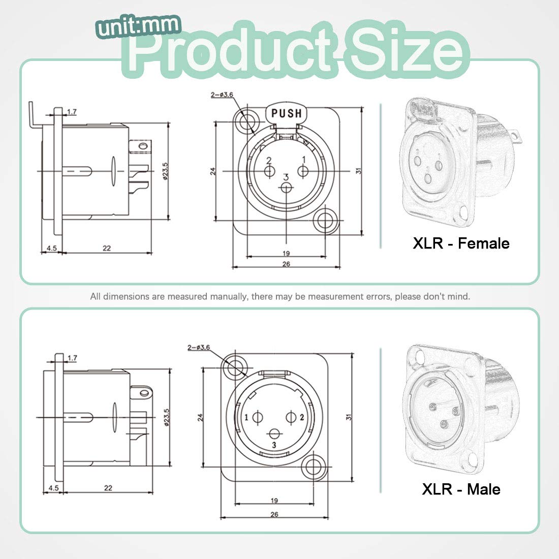 Keadic Keadic 8 Pack XLR Male Female Jack 3 Pin Chassis Panel Mount Jacks Black Metal Housing for Audio Studio Connector - View 2 of 7