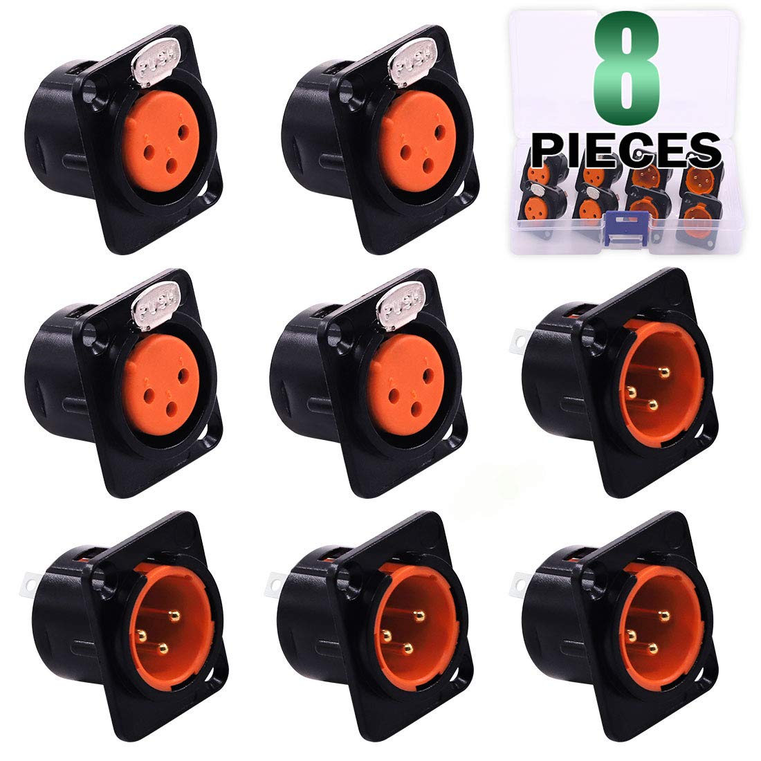 Keadic Keadic 8 Pack XLR Male Female Jack 3 Pin Chassis Panel Mount Jacks Black Metal Housing for Audio Studio Connector