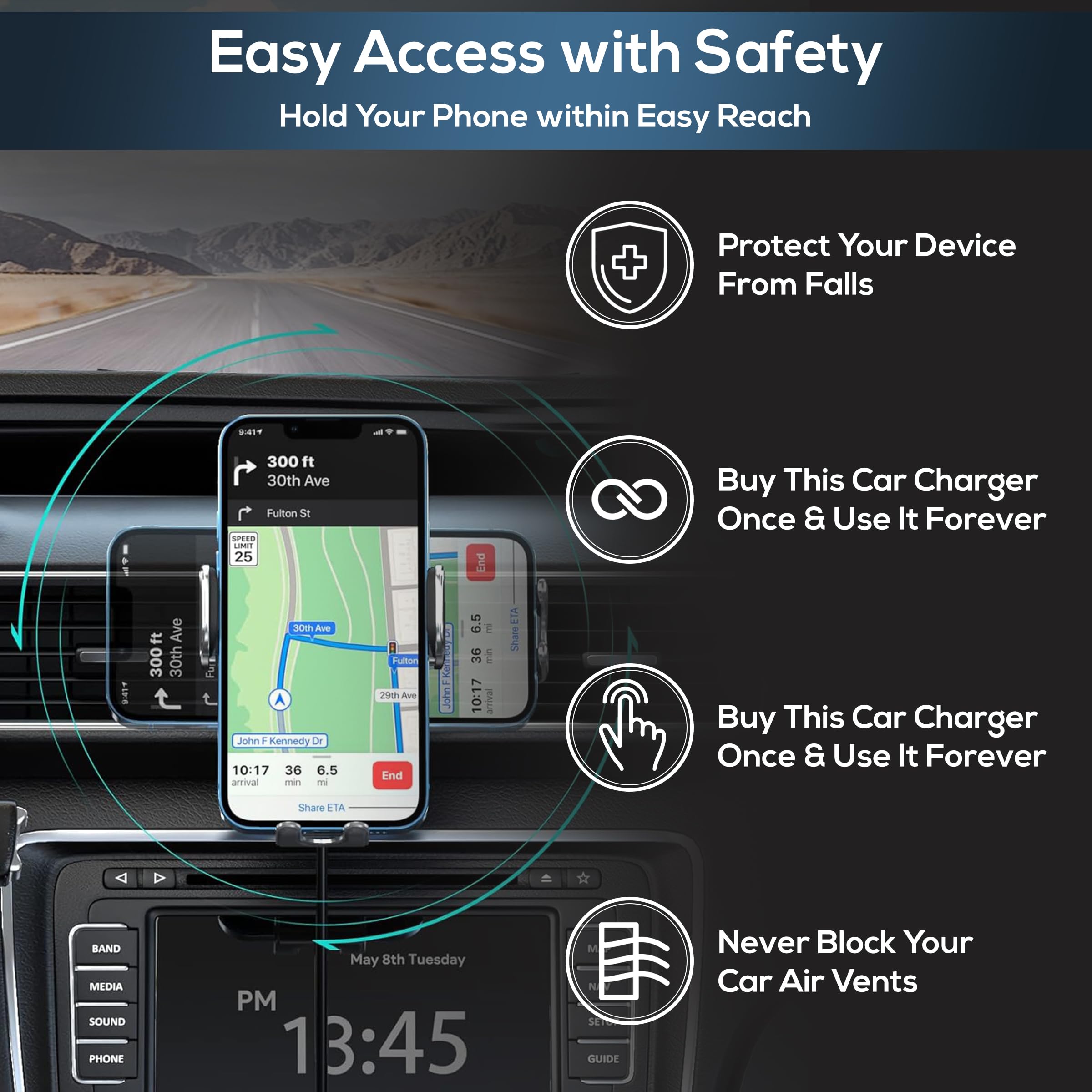 Upgraded 2024 Wireless Car Charging Dock Station Fast Charger for iPhone Android Qi Devices Auto Clamping 360 Degree Rotating Phone Holder - View 3 of 9