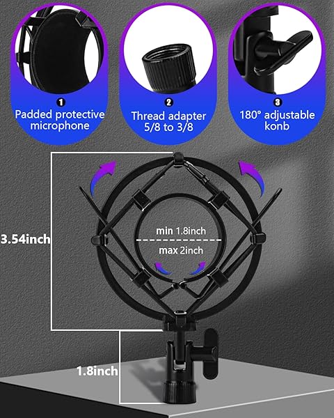 Boseen Buy Boseen Universal Microphone Shock Mount - Adjustable Anti-Vibration Mic Clip for 47mm-53mm Mics - View 3 of 6
