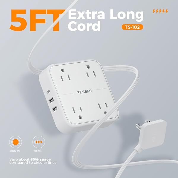 TESSAN TESSAN 5FT Surge Protector Flat Extension Cord with 4 Outlets and 3 USB C Ports Ideal for Home Office and Dorm White - View 3 of 8