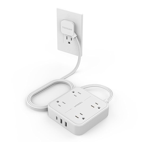 TESSAN 5FT Surge Protector Flat Extension Cord with 4 Outlets and 3 USB C Ports Ideal for Home Office and Dorm White