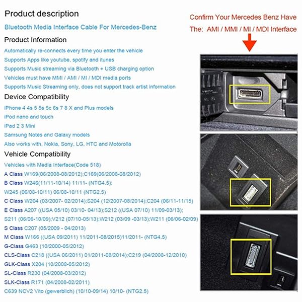 CHELINK CHELINK Bluetooth Adapter for Mercedes Benz W212 S212 C207 - Wireless 5.0 AMI Media Music Interface Cable - View 6 of 6