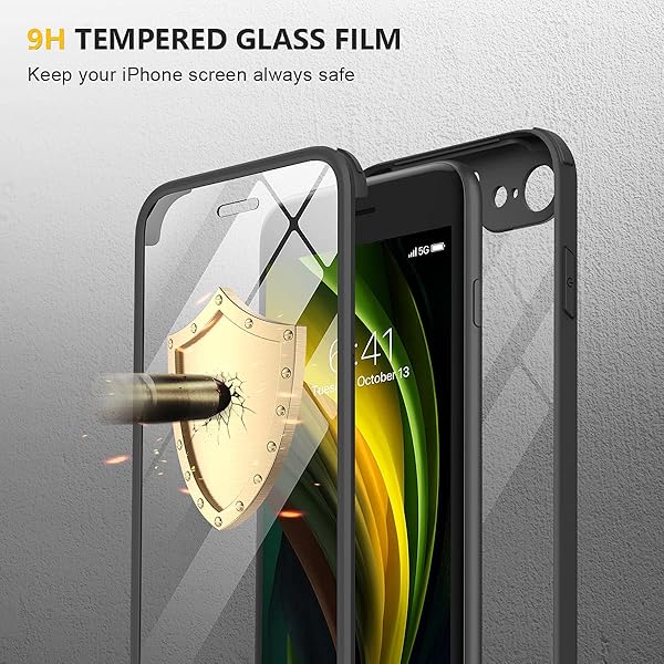 Miracase Miracase iPhone SE Case 2020 2022 iPhone 8 Full Body Glass Back with Built in Screen Protector Rugged Clear Hard Cover Bumper Black - View 6 of 6