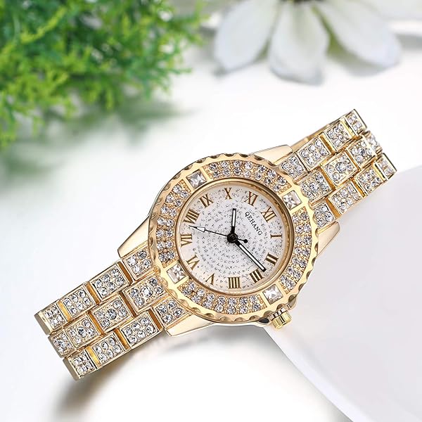 JewelryWe JewelryWe Women Gold Tone Alloy Quartz Watch Stylish Rhinestone Bling Dress Wristwatch - View 4 of 7
