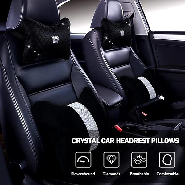 eing 2PCS PU Leather Car Neck Pillow with Bling Rhinestones Universal Headrest Cushion for Women and Girls in Black - View 2 of 7
