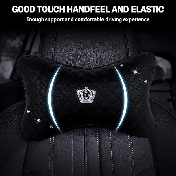 eing 2PCS PU Leather Car Neck Pillow with Bling Rhinestones Universal Headrest Cushion for Women and Girls in Black - View 3 of 7
