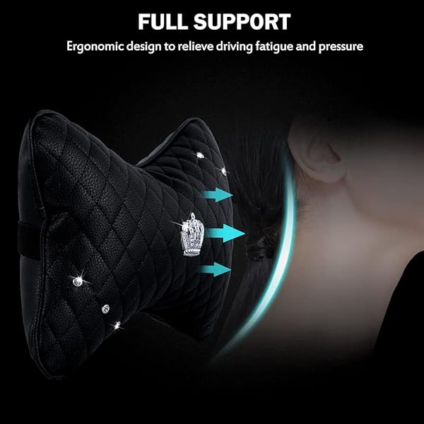 eing 2PCS PU Leather Car Neck Pillow with Bling Rhinestones Universal Headrest Cushion for Women and Girls in Black - View 4 of 7