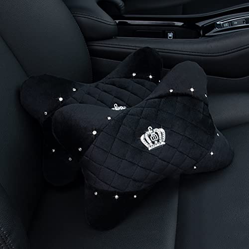 eing 2PCS Plush Car Neck Pillow with Rhinestones Crown Universal Bone-Shaped Headrest Cushion for Women and Girls Black - View 2 of 7