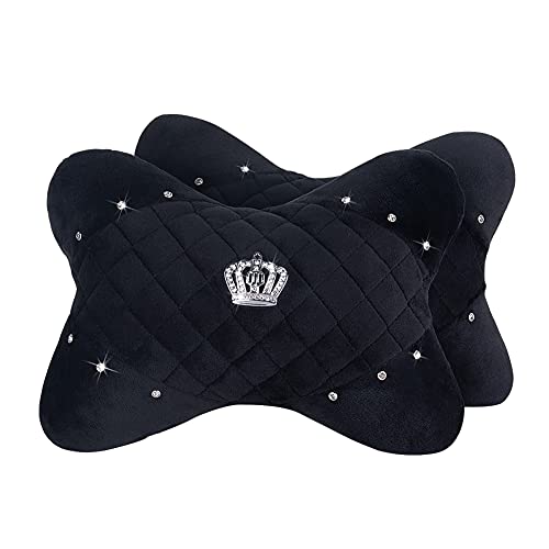2PCS Plush Car Neck Pillow with Rhinestones Crown Universal Bone-Shaped Headrest Cushion for Women and Girls Black