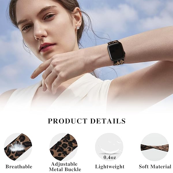 DYSHAYEN Stretchy Nylon Watch Band for Apple Watch 38mm 40mm 41mm Adjustable Sport Elastic Strap for iWatch Series 7 6 5 4 3 2 1 SE Leopard - View 2 of 7
