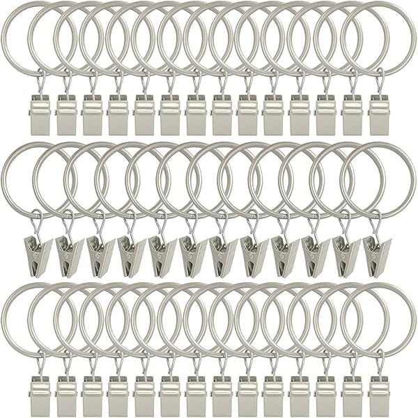AMZSEVEN AMZSEVEN 40 Pack Curtain Rings with Clips Matte Silver Drapery Rings 1.26 Inch Interior Diameter Fits 1 Inch Curtain Rod