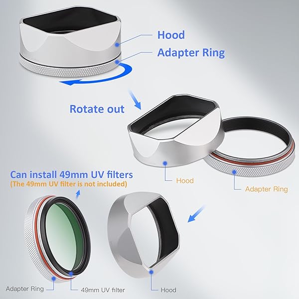 Haoge Haoge LH-X54W Square Metal Lens Hood & 49mm Adapter for Fujifilm X100VI/X100V - Silver - View 8 of 10