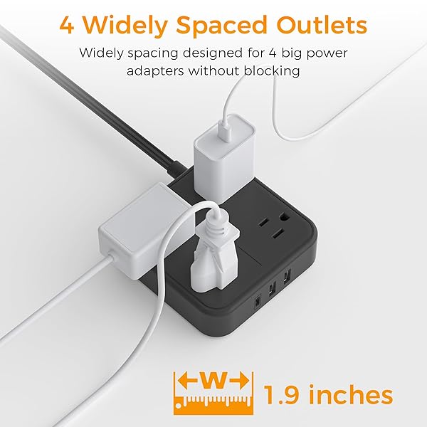 TESSAN TESSAN 5FT Flat Extension Cord Surge Protector with 4 Outlets and 3 USB C Ports Ideal for Home Office and Dorm Black - View 4 of 6