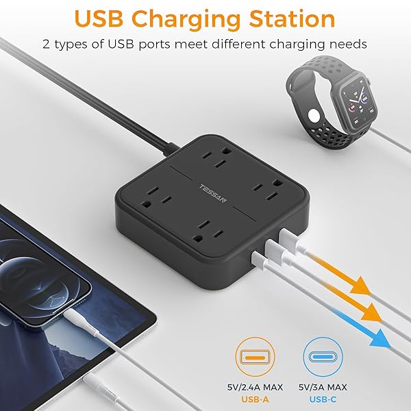 TESSAN TESSAN 5FT Flat Extension Cord Surge Protector with 4 Outlets and 3 USB C Ports Ideal for Home Office and Dorm Black - View 5 of 6