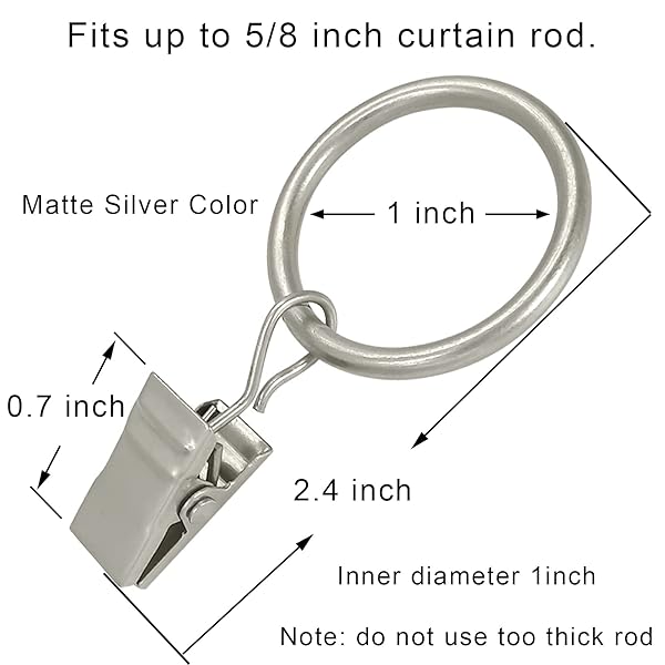 AMZSEVEN AMZSEVEN 44 Pack Metal Curtain Rings with Clips for Drapes 1 Inch ID Fits 6/8 Inch Curtain Rod Matte Silver Finish - View 2 of 7