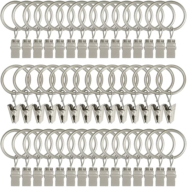 AMZSEVEN AMZSEVEN 44 Pack Metal Curtain Rings with Clips for Drapes 1 Inch ID Fits 6/8 Inch Curtain Rod Matte Silver Finish
