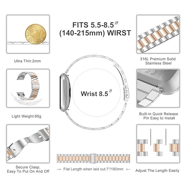 Wearlizer Wearlizer Stainless Steel Bands for Fitbit Versa Versa 2 Lite SE Ultra Thin Lightweight Replacement for Men and Women Copper Gold Silver - View 2 of 5